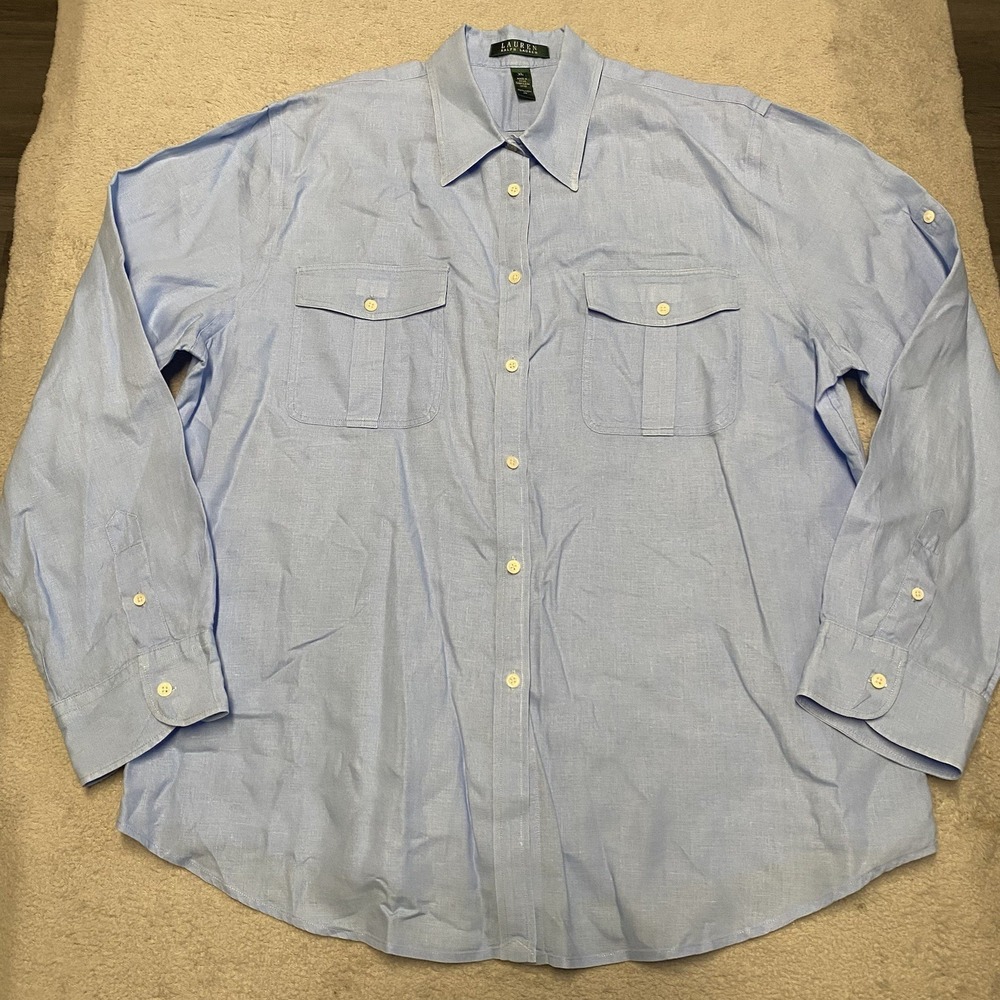 Lauren Ralph Lauren Linen Shirt Womens XL Light Blue Roll Tab Button Up